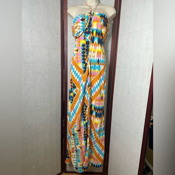 NWT ZARA AZETC PRINT HALTER‎ BACK MAXI DRESS SIZE S - Picture 1 of 9